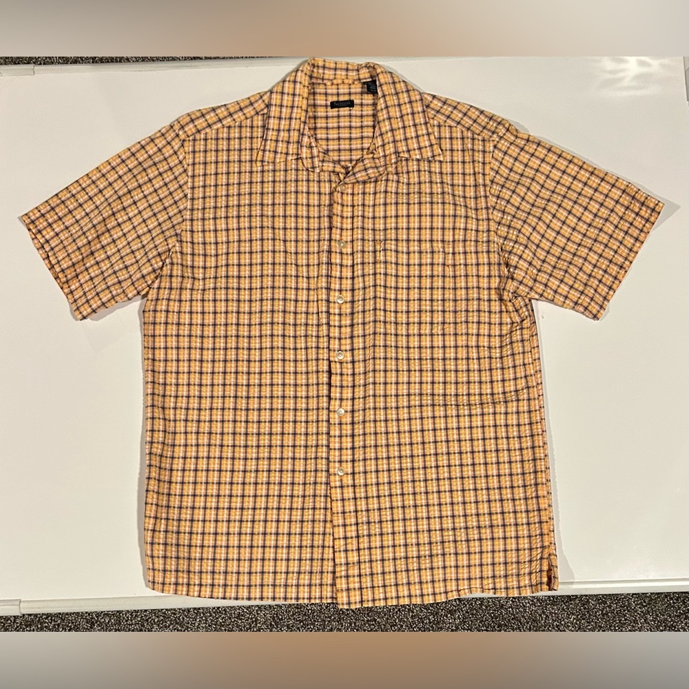 Van Heusen Men's Yellow and Blue Checkered Short Sleeve Shirt, L, 16-16.5 neck